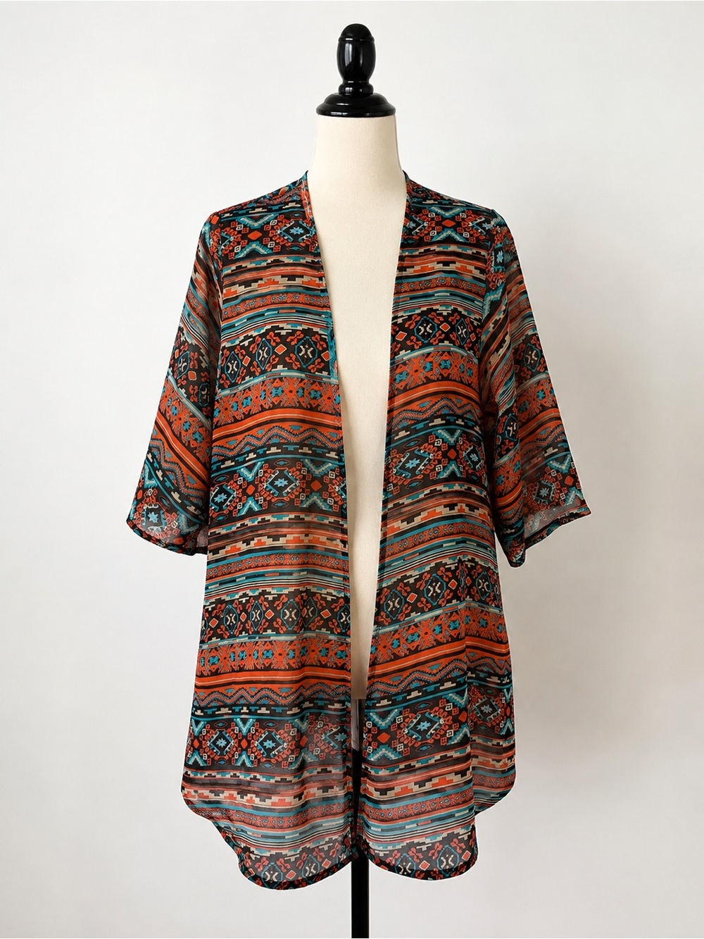 Boho Aztec Geometric Sheer Kimono Cardigan Teal Rust M